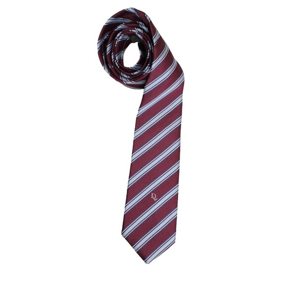 Vtg CHRISTIAN DIOR Diagonal Striped Spell out Dior Tie Maroon Silver Silk Blend - Picture 1 of 7